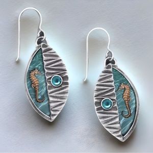 Gold Seahorse, Blue Zircon Gemstone Silver Plated Earrings